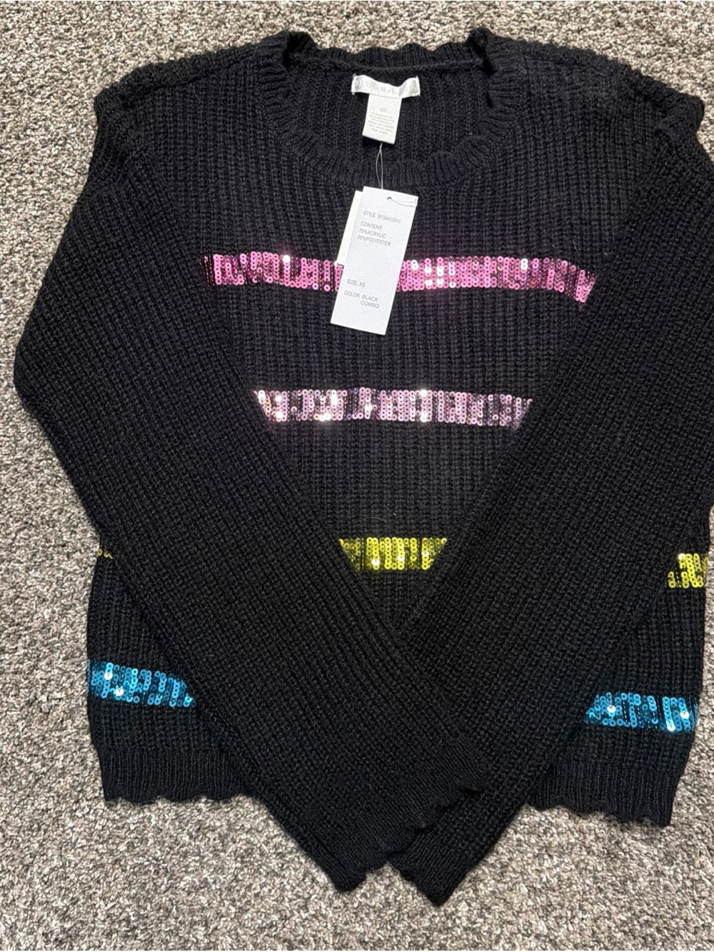 Design History Black Scallop Neck Sweater Pink Gold Blue Sequins NEW! Sz XS $118